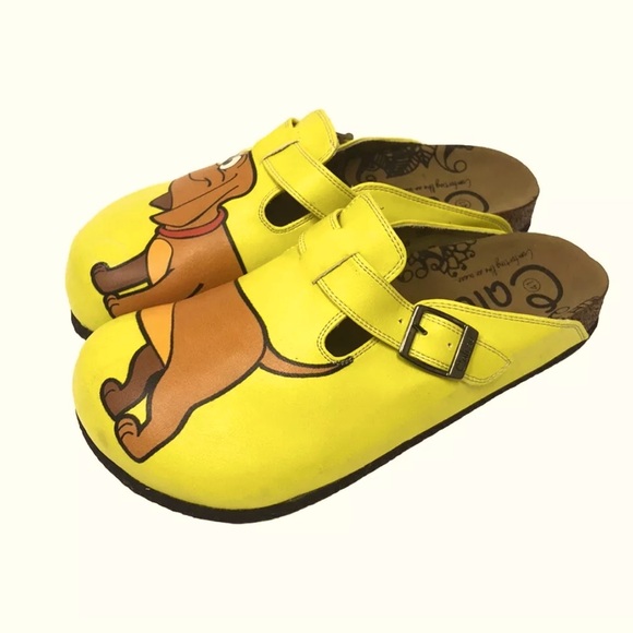 Calceo Yellow Colored And Brown Dachshund Dog Patterned Clogs - Picture 3 of 7